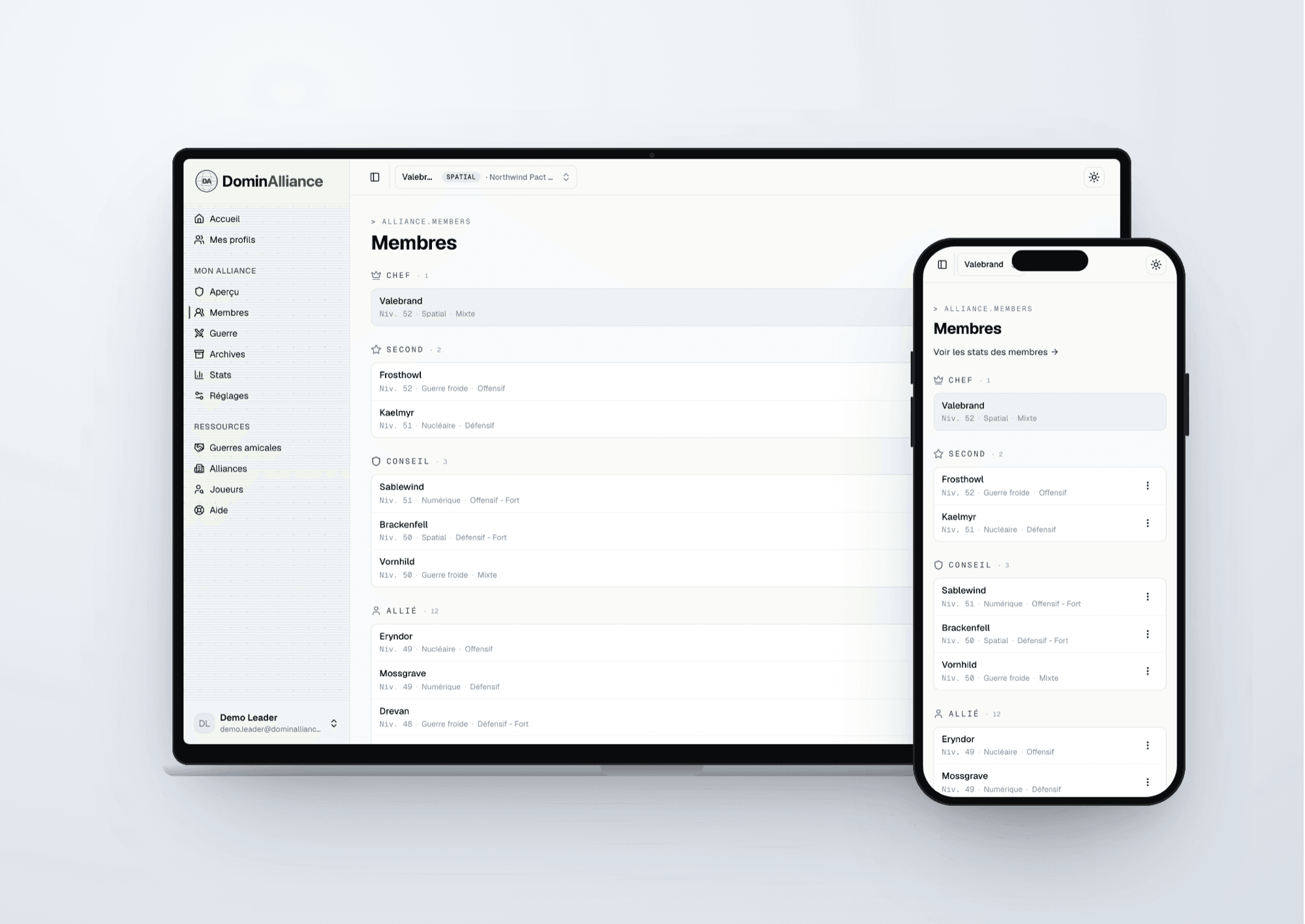 Tableau de bord DominAlliance — gestion des membres de l’alliance