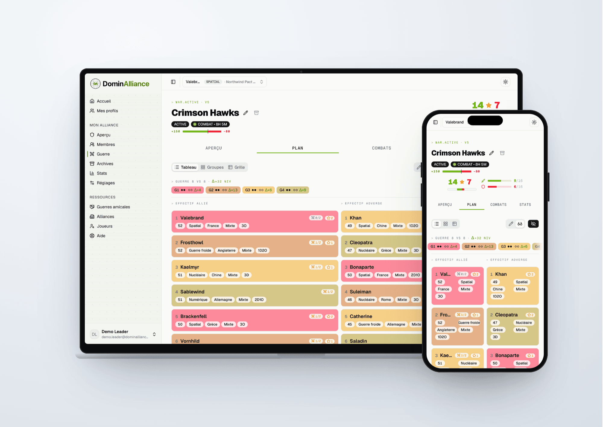 Tableau de bord DominAlliance — plan de guerre de l’alliance