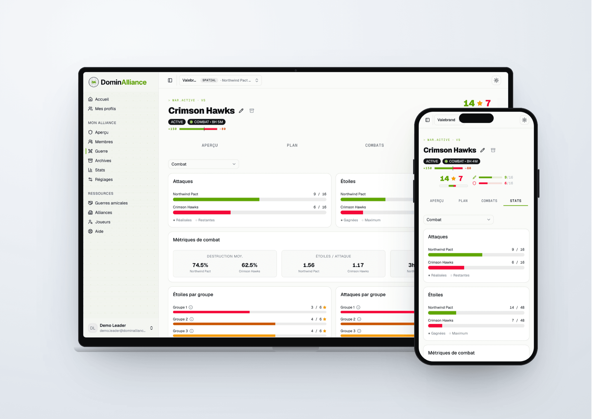 Tableau de bord DominAlliance — statistiques de combat d’une guerre