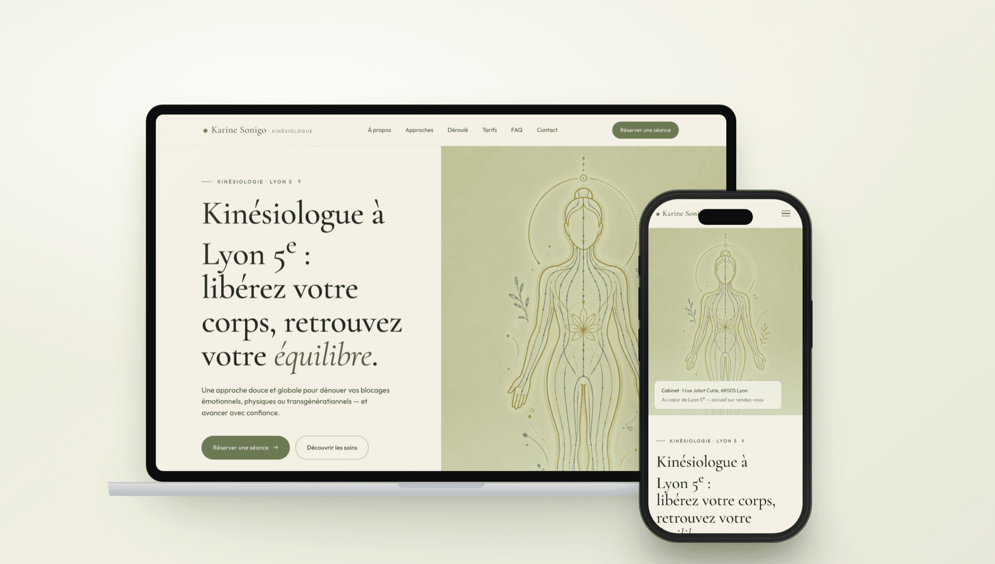 Site vitrine de Karine Sonigo, kinésiologue à Lyon, sur ordinateur et mobile