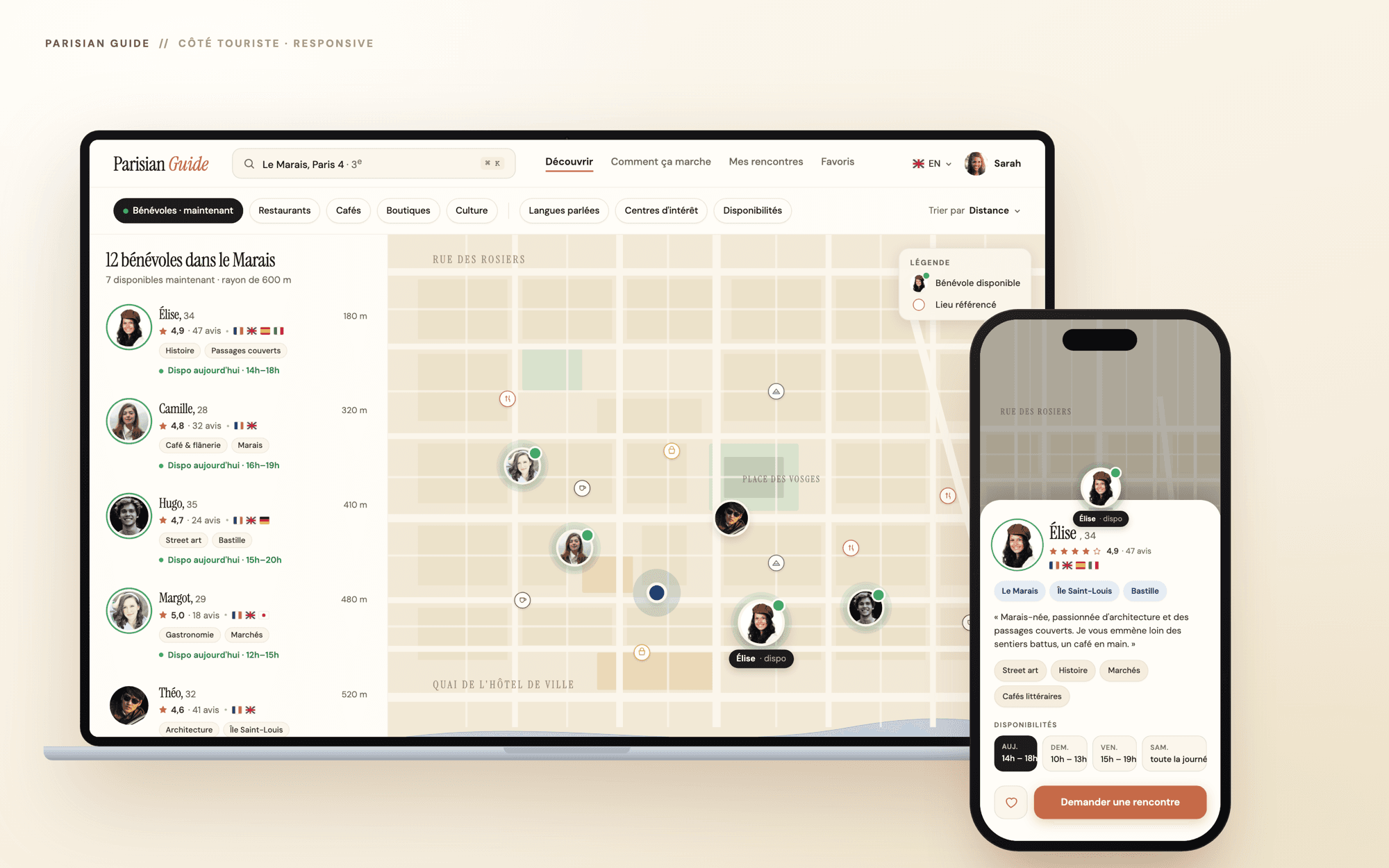 L’app Parisian Guide en responsive : la carte des bénévoles sur ordinateur, un profil bénévole sur mobile