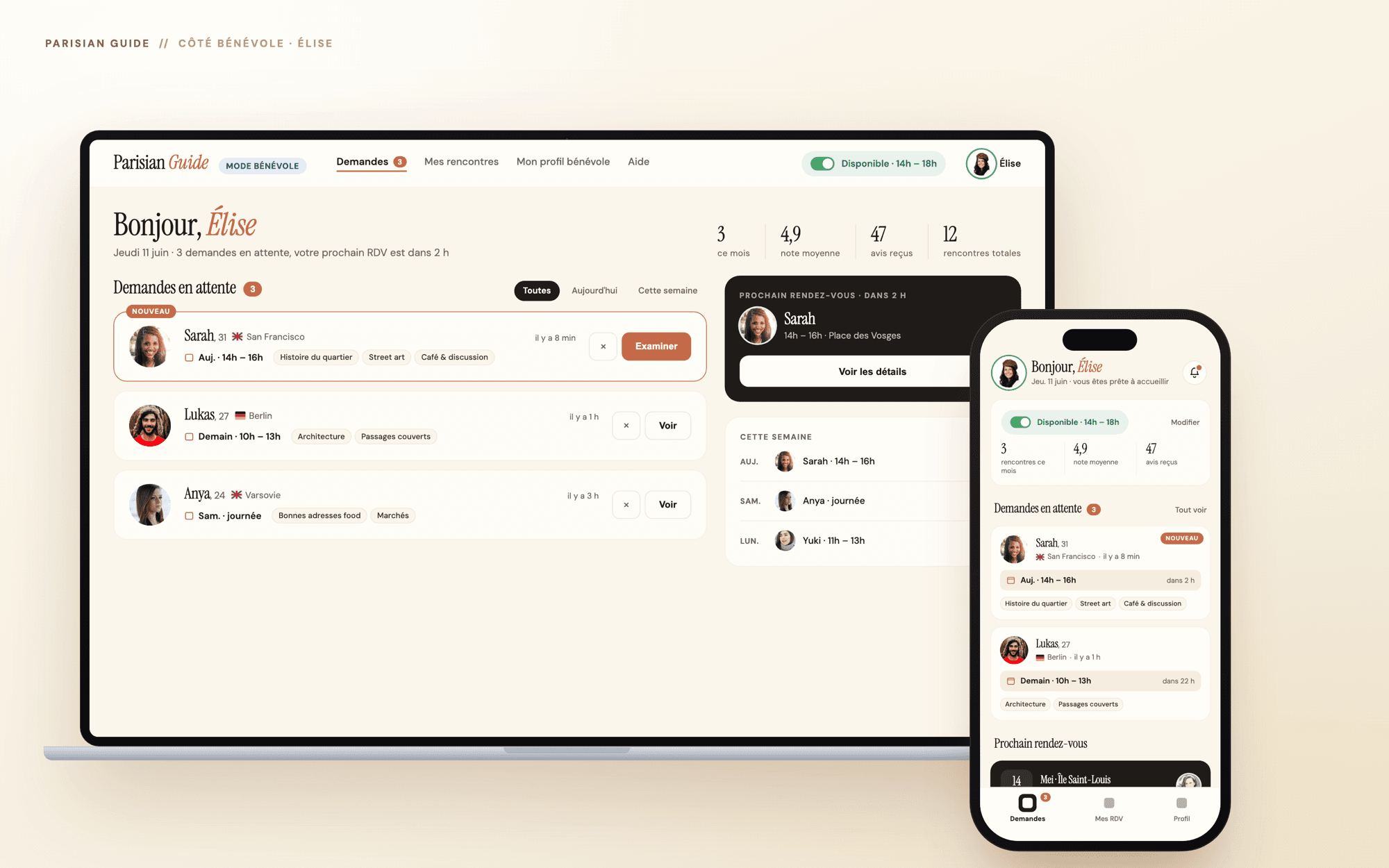 Le côté bénévole de Parisian Guide, sur ordinateur et mobile : le tableau de bord d’Élise